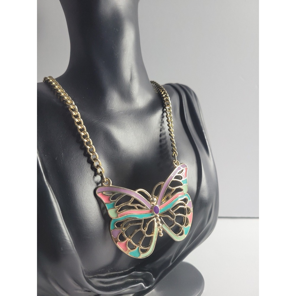 Gold Tone Butterfly Statement Necklace Colorful Enamel Pendant Curb Chain Women
